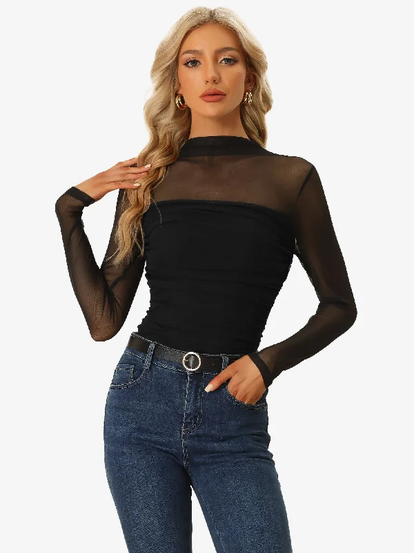 Mesh Solid Long Sleeve Mock Neck Sheer Panel Side Shirring Top