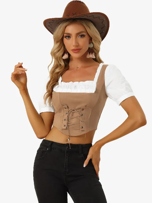 Contrast Puff Sleeve Cowgirl Lace Up Faux Suede Cropped Blouse