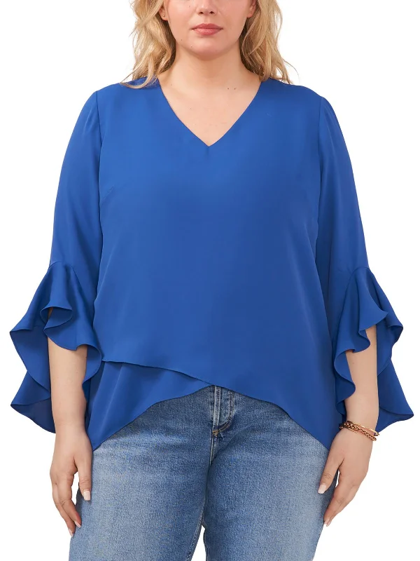 Plus Womens Flutter-Sleeve V-Neck Blouse