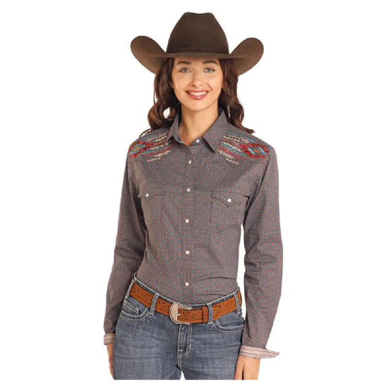 RWN2S04597 Panhandle Roughstock Women's Long Sleeve Western Snap Shirt - Brown & Blue Print