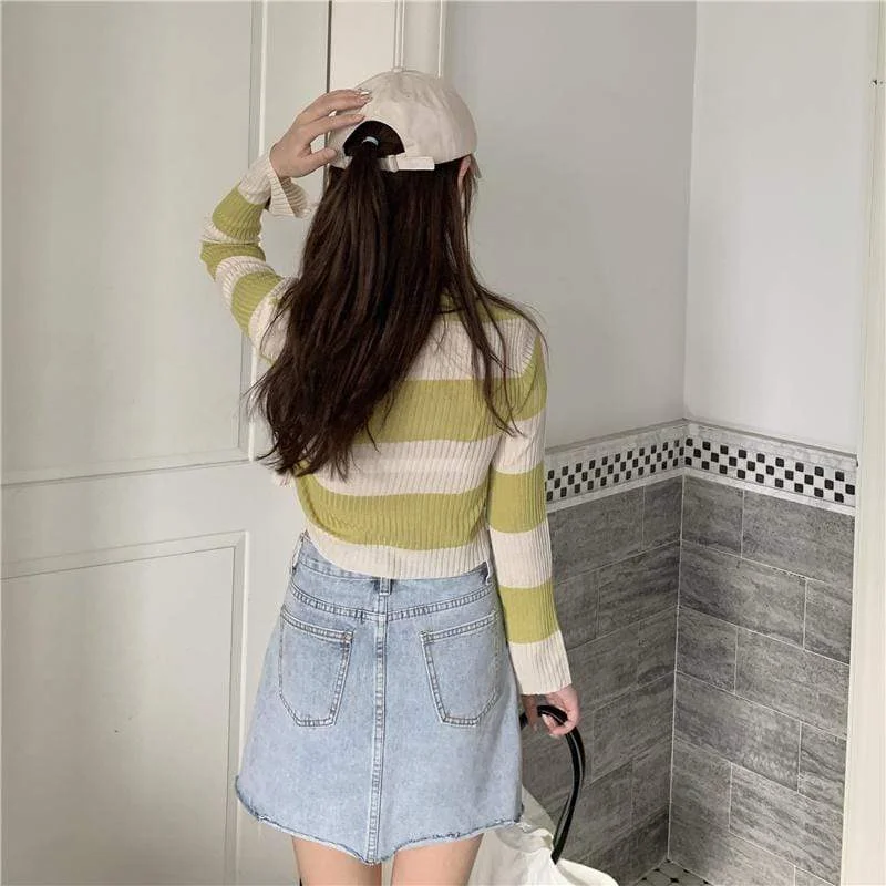 Women's Contrast Color Stripes Long Sleeved Kintted Tops