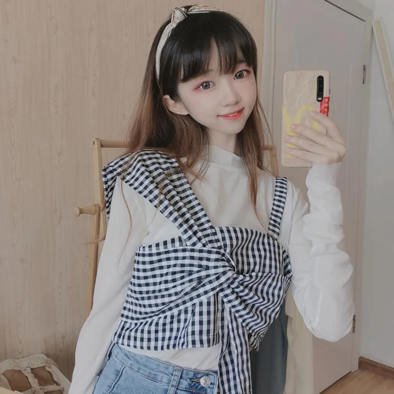 Women's Cute Long Sleeved Solid Color Shirts&Kink Plaid Crop Tops