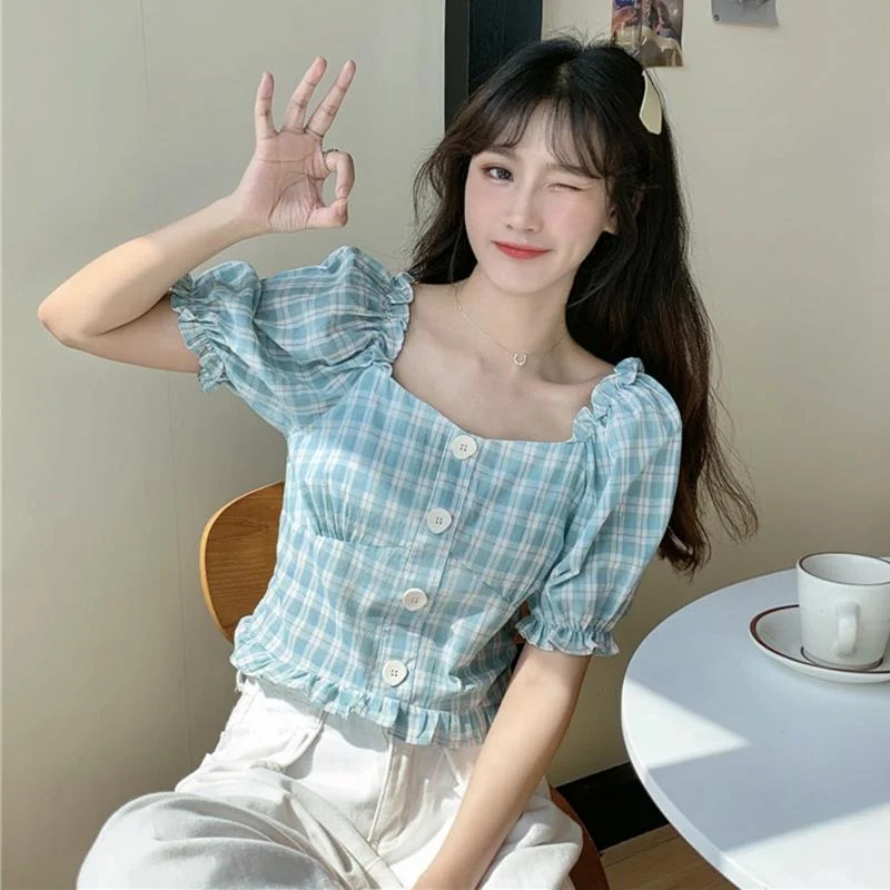 Women's Cute Square Collar Slim-cut Plaid Shirts