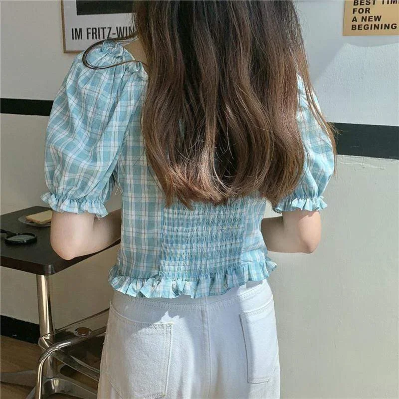 Women's Cute Square Collar Slim-cut Plaid Shirts