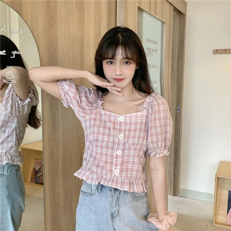 Women's Cute Square Collar Slim-cut Plaid Shirts