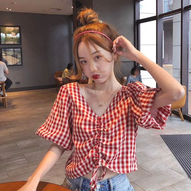 Women's Cute V-neck Drawstring Plaid Shirts