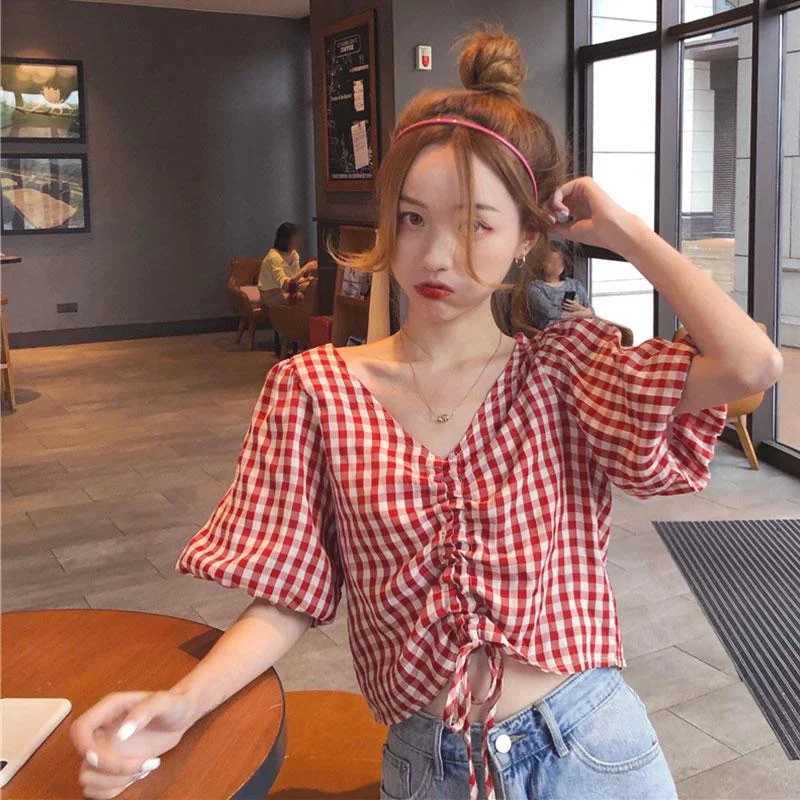 Women's Cute V-neck Drawstring Plaid Shirts