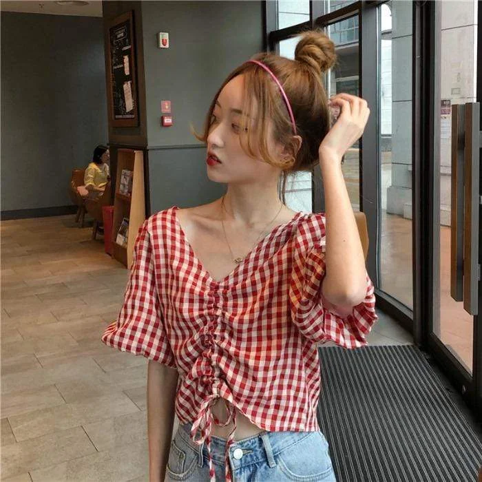 Women's Cute V-neck Drawstring Plaid Shirts