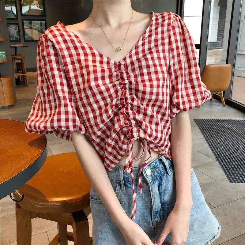 Women's Cute V-neck Drawstring Plaid Shirts