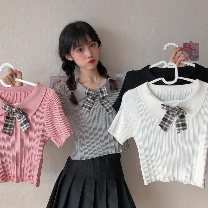 Women's Harajuku Bowknot Slim Fitted Kintted Shirts