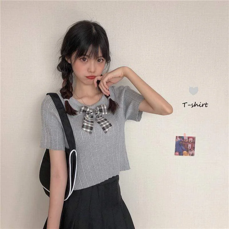 Women's Harajuku Bowknot Slim Fitted Kintted Shirts