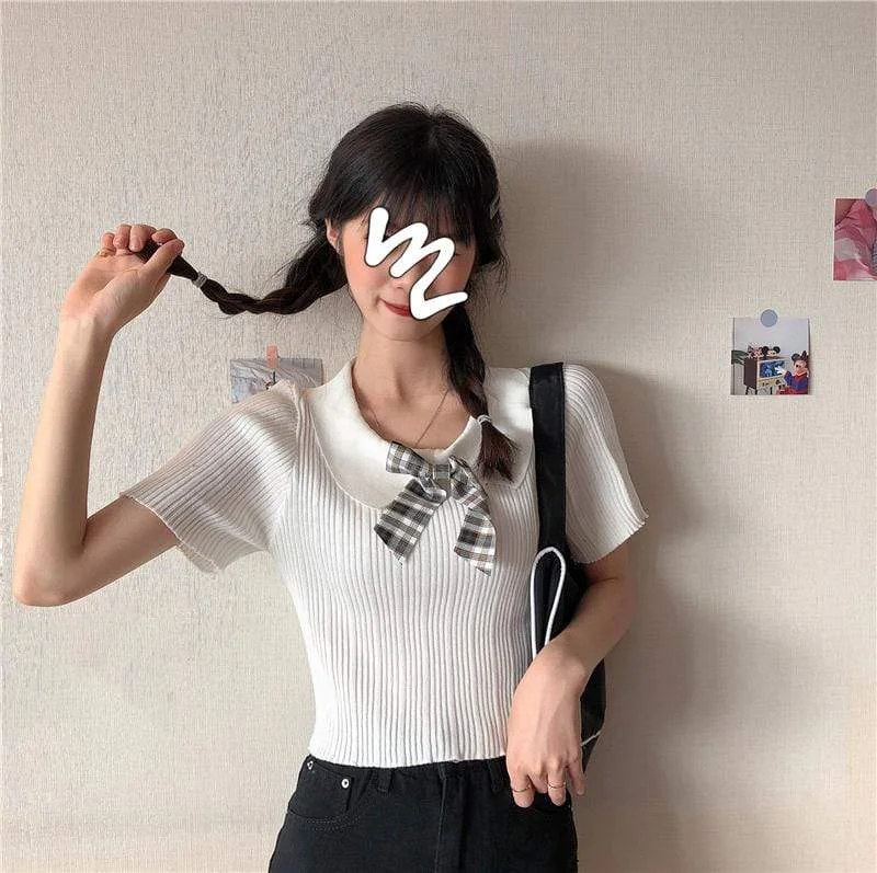 Women's Harajuku Bowknot Slim Fitted Kintted Shirts