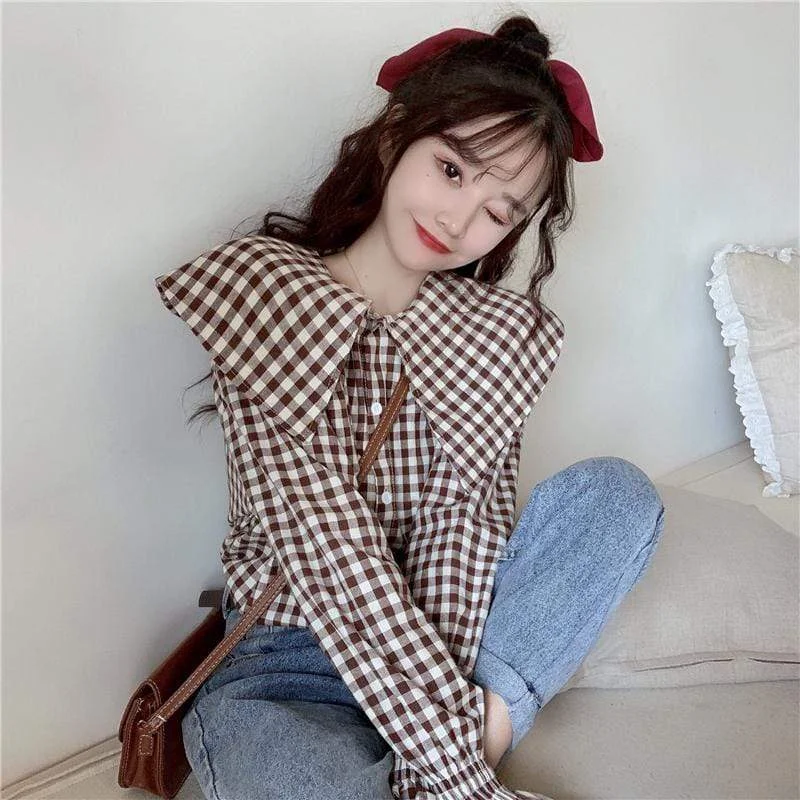 Women's Harajuku Large Lapel Single-breasted Plaid Shirts