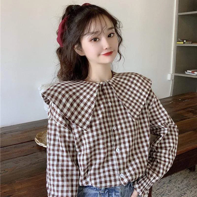 Women's Harajuku Large Lapel Single-breasted Plaid Shirts