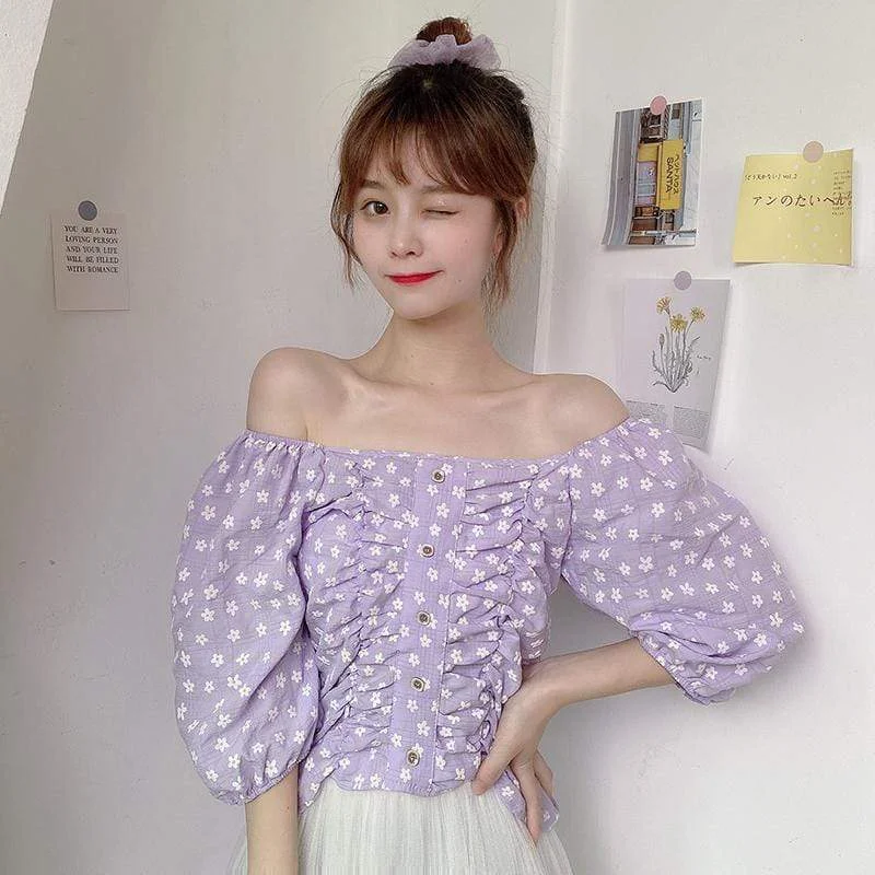 Women's Harajuku Off Shoulder Shirring Floral Shirts