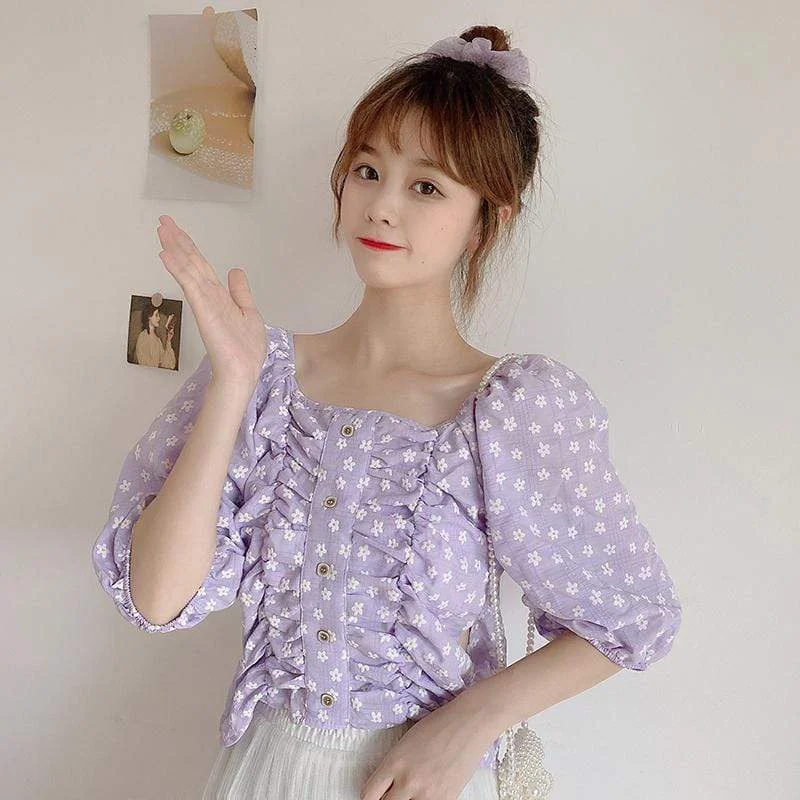 Women's Harajuku Off Shoulder Shirring Floral Shirts