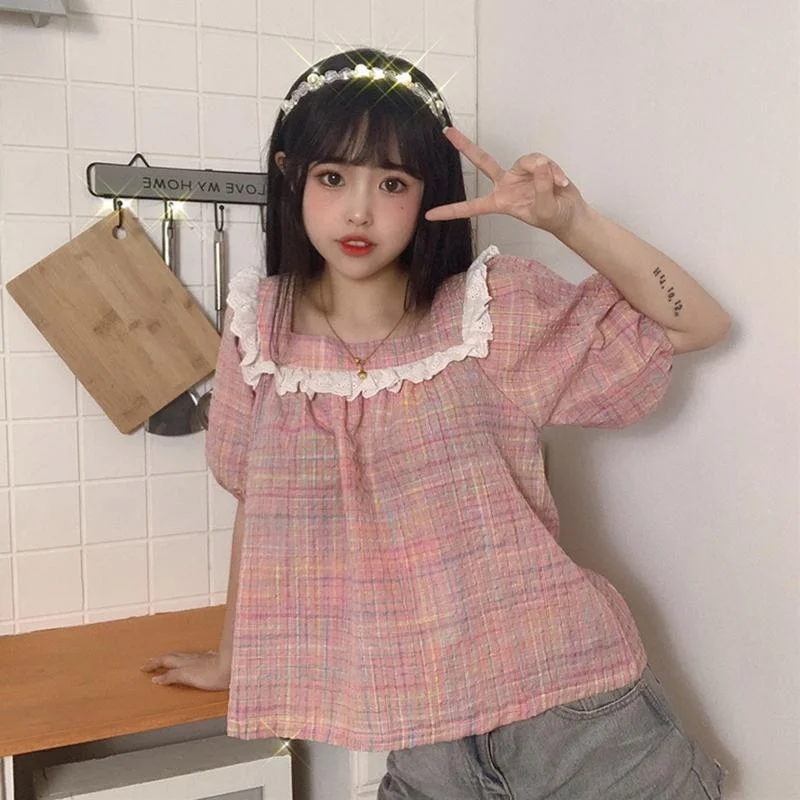 Women's Harajuku Square Collar Puff Sleeved Plaid Shirts