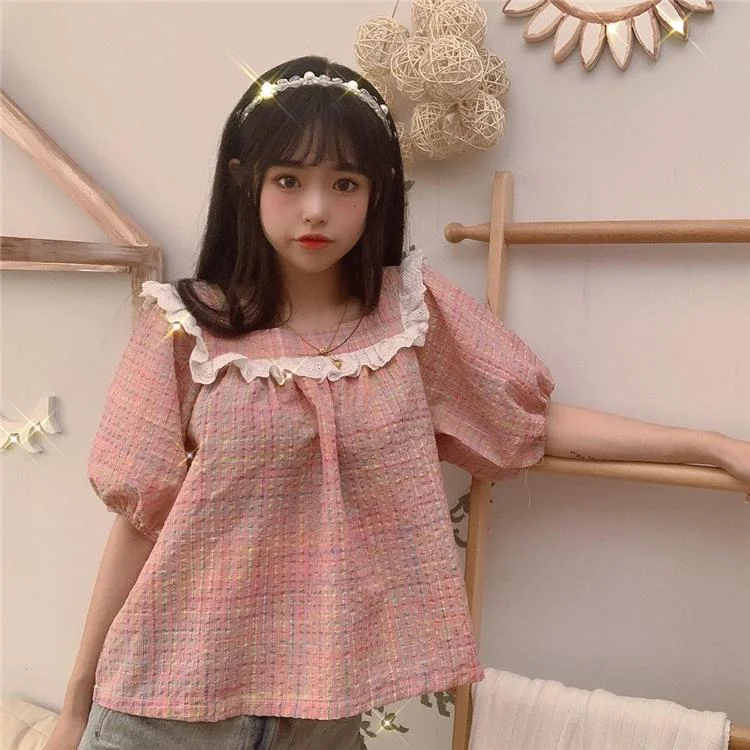 Women's Harajuku Square Collar Puff Sleeved Plaid Shirts