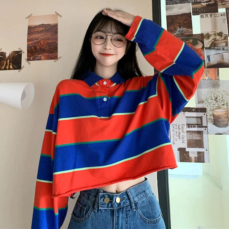 Women's Harajuku Wide Stripes Long Sleeved Shirts