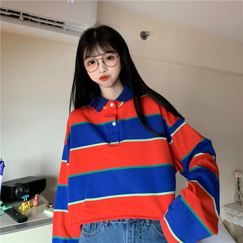 Women's Harajuku Wide Stripes Long Sleeved Shirts