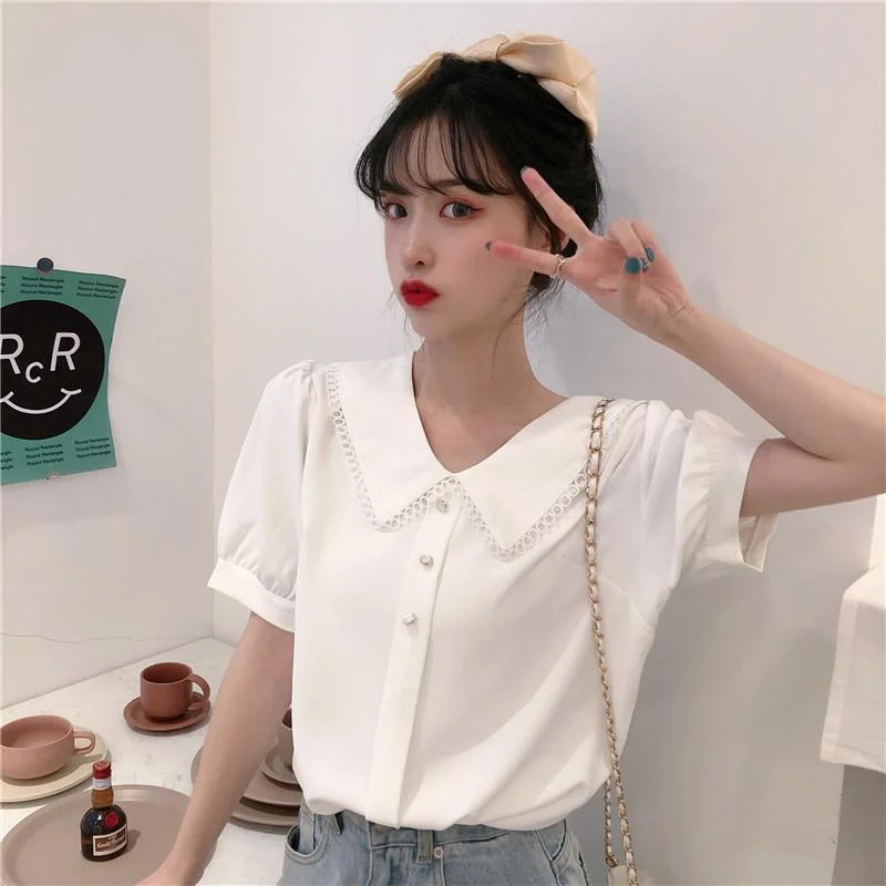 Women's Kawaii Back Lace-up V-neck Chiffon Shirts