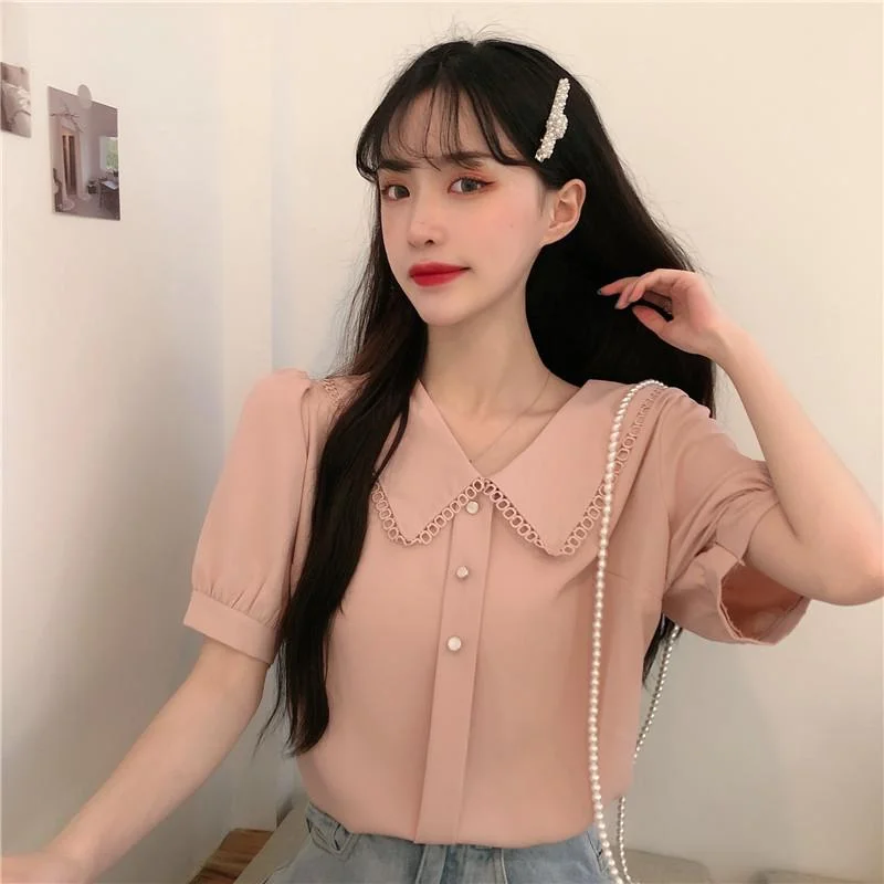 Women's Kawaii Back Lace-up V-neck Chiffon Shirts