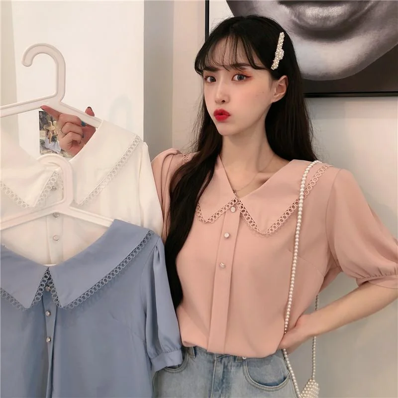 Women's Kawaii Back Lace-up V-neck Chiffon Shirts