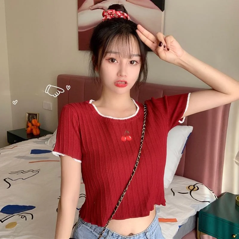 Women's Kawaii Cherry Embroidered Kintted Shirts