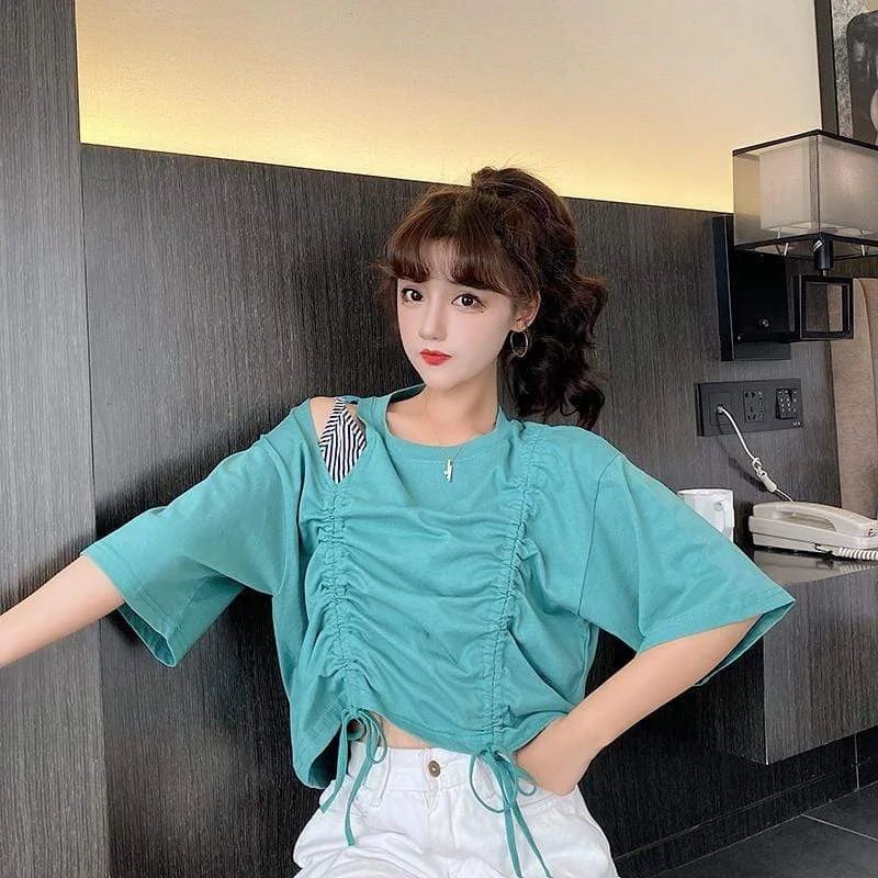 Women's Kawaii False Two-piece Drawstring Shirts