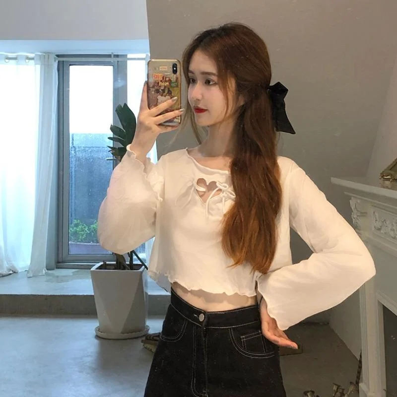 Women's Kawaii Heart Cutout Long Sleeved Tops