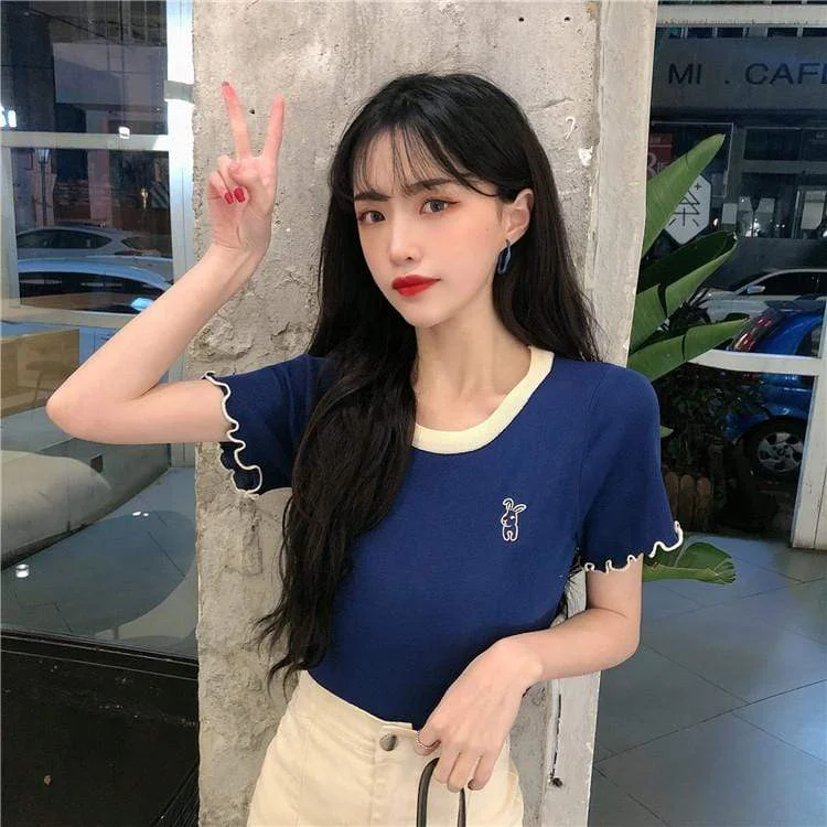 Women's Kawaii Rabbit Embroidered Round Collar Shirts