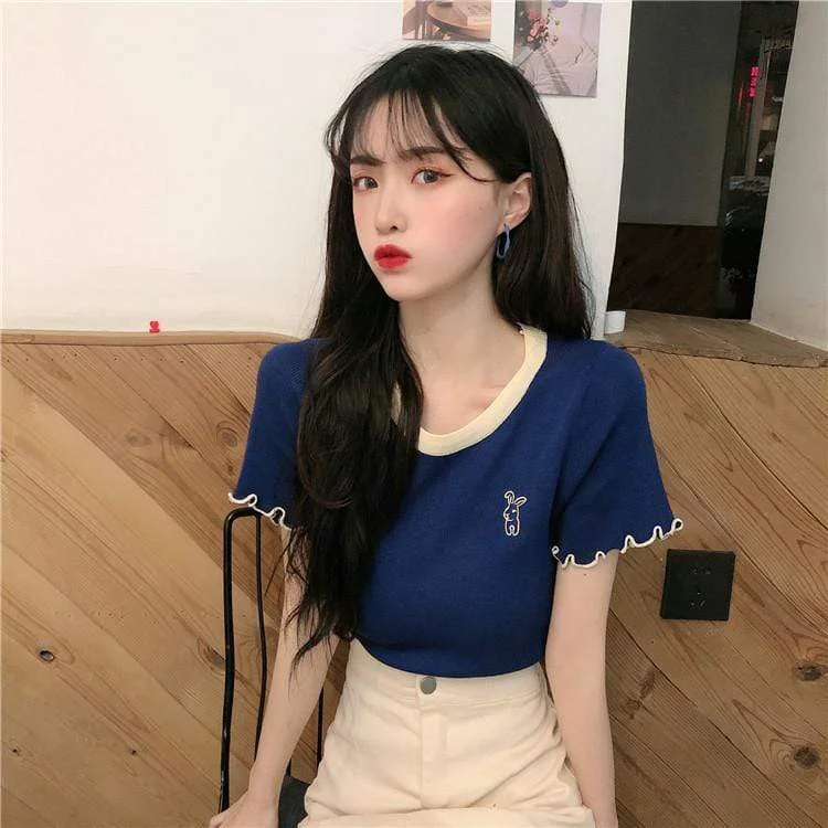 Women's Kawaii Rabbit Embroidered Round Collar Shirts