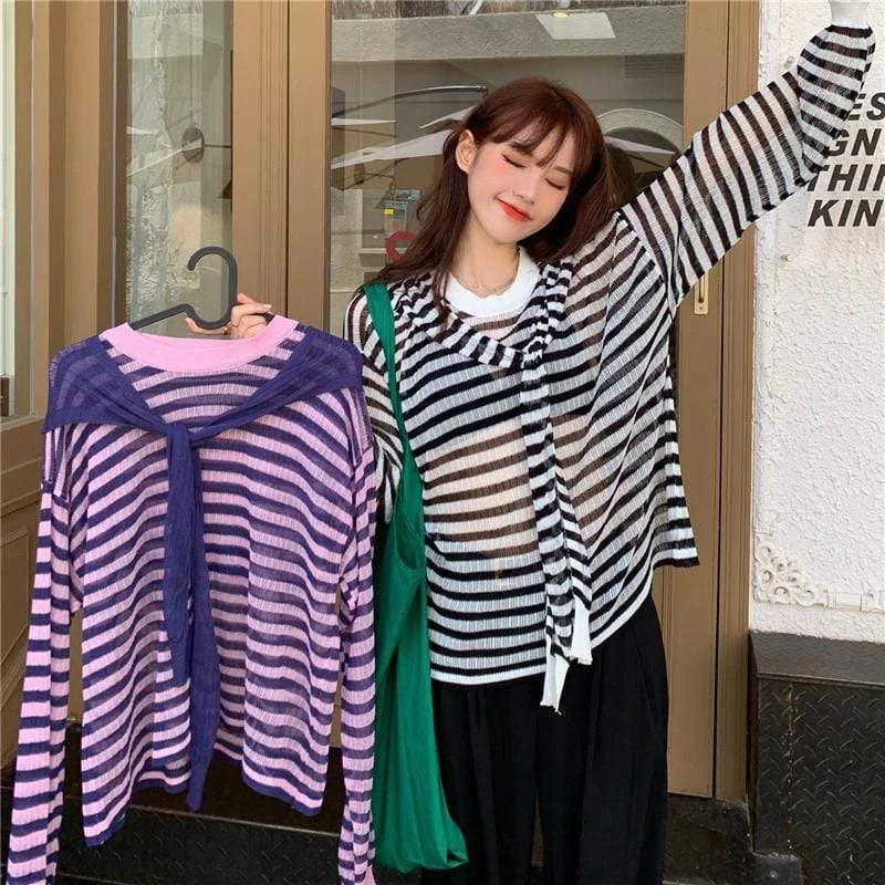 Women's Kawaii Round Collar Striped Shirts