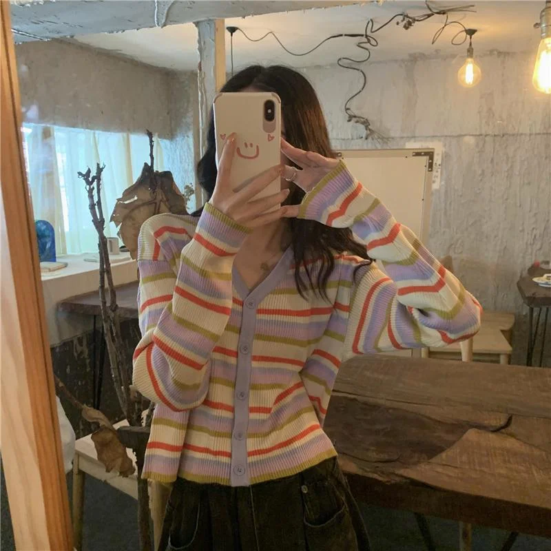 Women's Kawaii Stipes Single-breasted Kintted Shirts