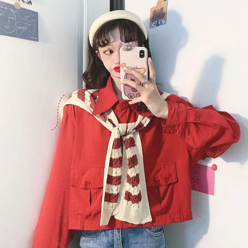 Women's Korean Fashion Solid Color Shirts With Kintted Shawl