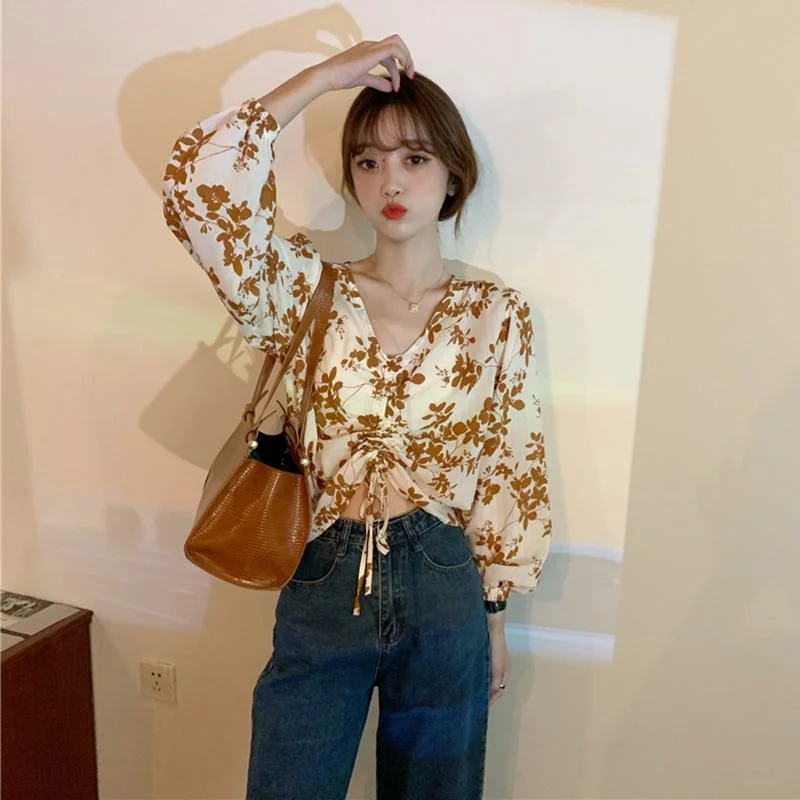 Women's Korean Fashion V-neck Drawstring Floral Shirts