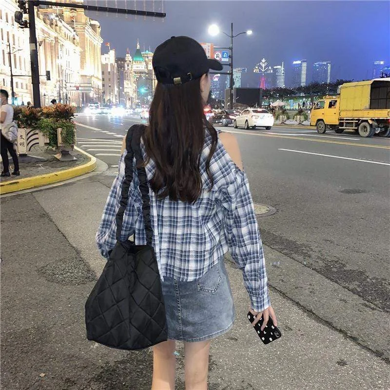 Women's Lovely Off Shoulder Plaid Shirts With Pocket