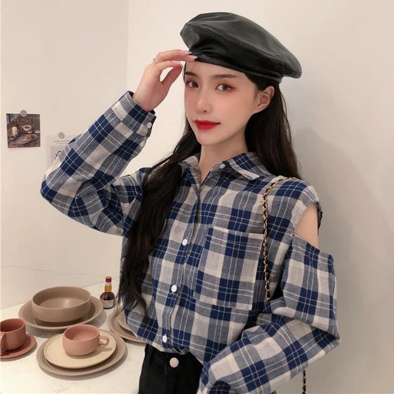 Women's Sweet Hollow Out Retro Plaid Shirts