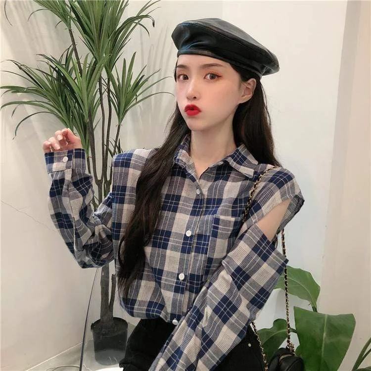 Women's Sweet Hollow Out Retro Plaid Shirts