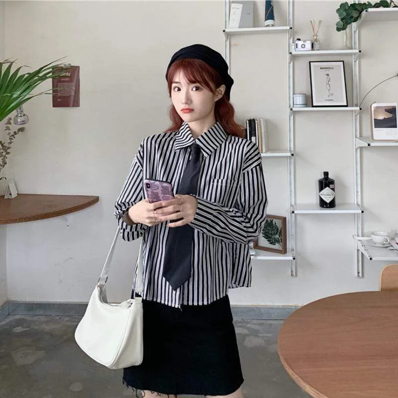 Women's Vertical Stripes Long Sleeved Shirts With Tie