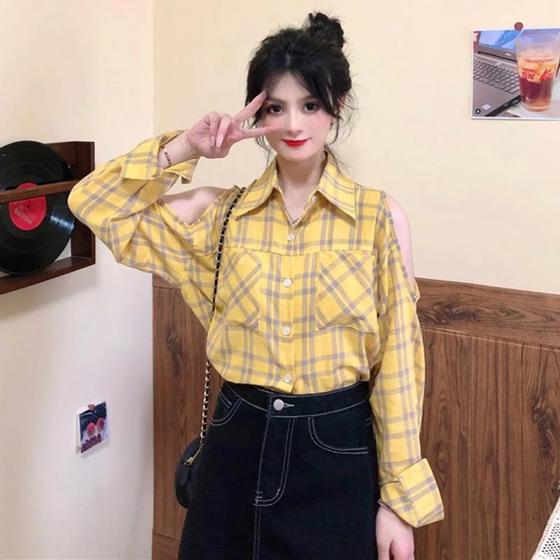 Women's Vintage Turn-down Collar Off Shoulder Plaid Shirts