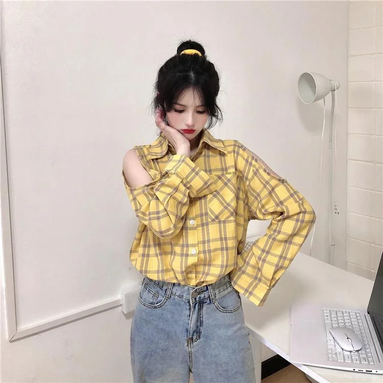 Women's Vintage Turn-down Collar Off Shoulder Plaid Shirts