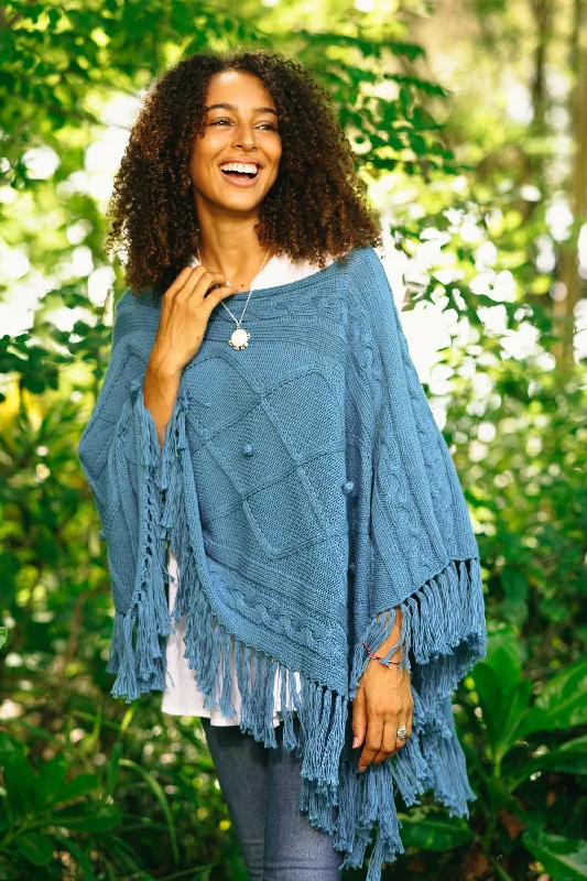 Charming Knit in Cerulean Short Knit Cotton Poncho in Cerulean from Thailand