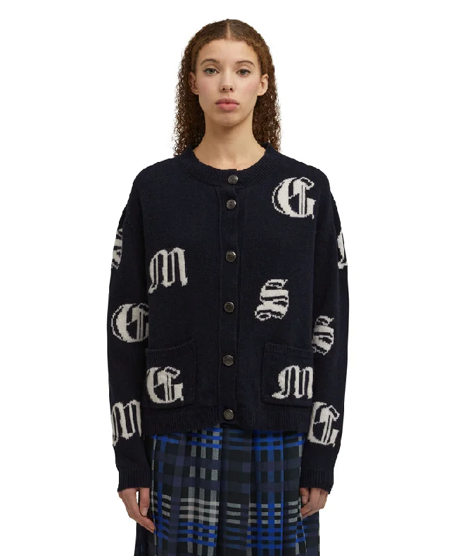 Wool cardigan with gothic logo Blue