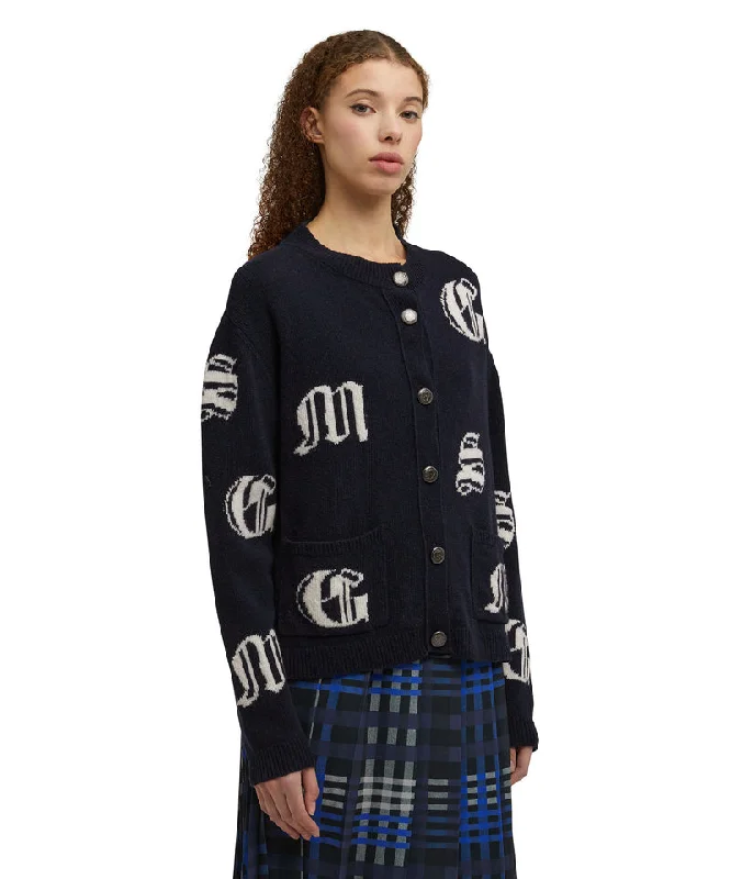 Wool cardigan with gothic logo Blue