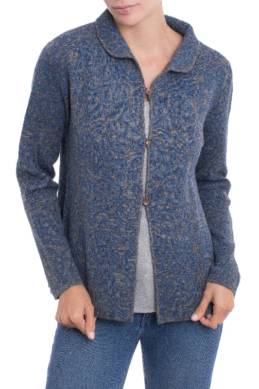 Paisley Elegance in Azure Alpaca Blend Cardigan with Azure Paisley Motifs from Peru