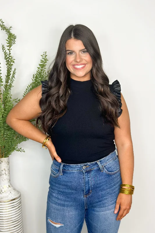 Black Faux Leather Ruffle Sleeve Tank Top