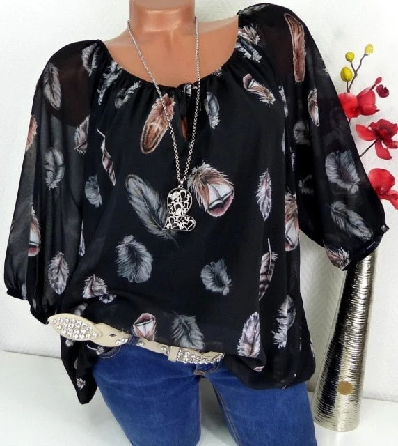 5XL Plus Large Size Women's Blouses Summer Tops New Leisure Blouse White Loose Feather Print V Neck Half Sleeve Shirts Blusas