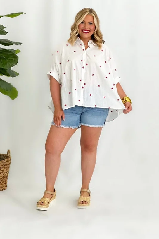 White and Red Embroidered Oversized Button Down Shirt