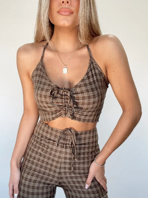 Brown Ruched Houndstooth Tank